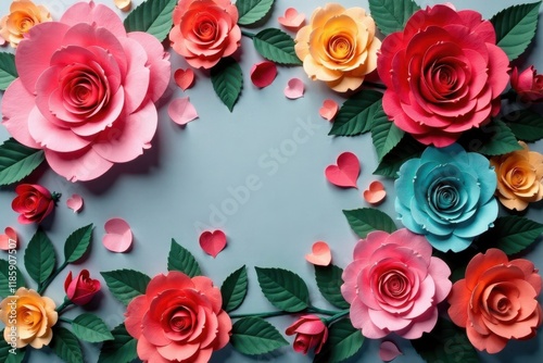 Multicolored paper rose wall, festive texture , detail, paper rose, art