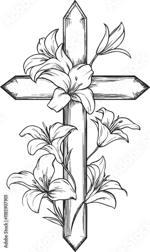Black and white cross illustration adorned with lilies.