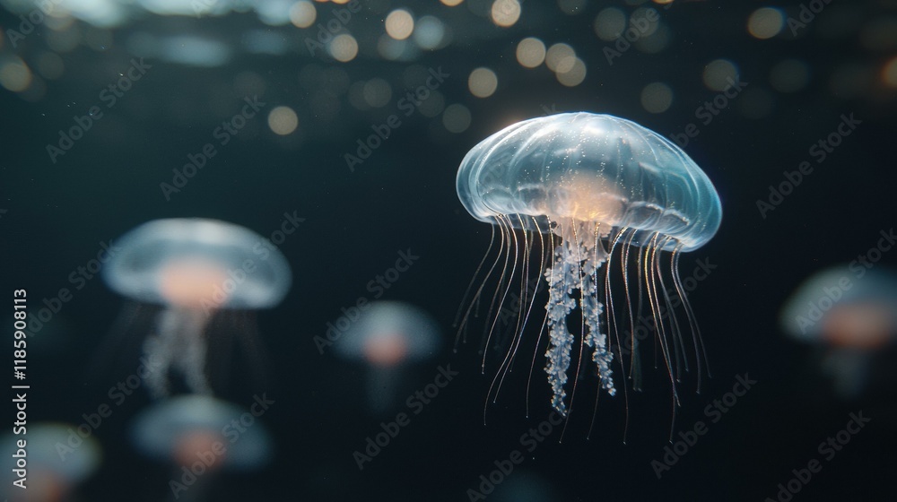A jellyfish gracefully floats in the ocean. AI.