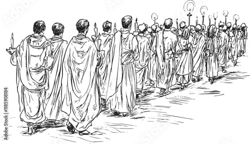 Illustration of a religious procession with figures in robes holding candles.