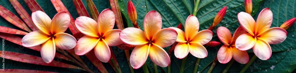 Frangipani blooms on a bed of colorful palm leaves and stems, frangipani, exotic flowers Frangipani blooms on a bed of colorful palm leaves and stems, frangipani, exotic flowers