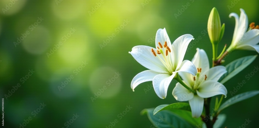 Fototapeta premium Fragrant white flowers blooming on evergreen branches, lilyofthelavalley, garden