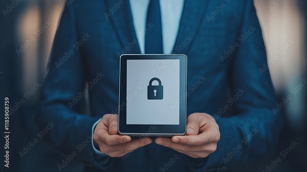 A business professional holds a tablet displaying a padlock symbol, signifying security and privacy in a digital context. A business professional holds a tablet displaying a padlock symbol, signifying security and privacy in a digital context.
