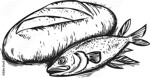 Black and white illustration of a fish and bread loaf.