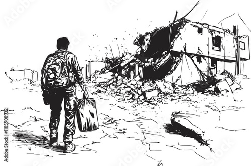 Illustration of a man with a backpack walking through ruins.