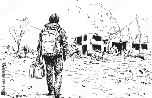 Illustration of a man with a backpack walking through ruins.