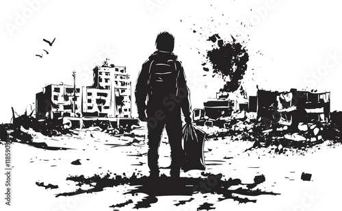 Silhouette of a man standing in a ruined cityscape.