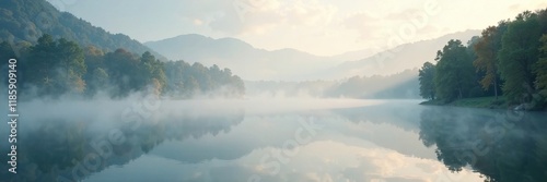 Gentle morning mist creeps over a tranquil lake, shrouding its surface in a soft, serene veil, serene, gentle, lake