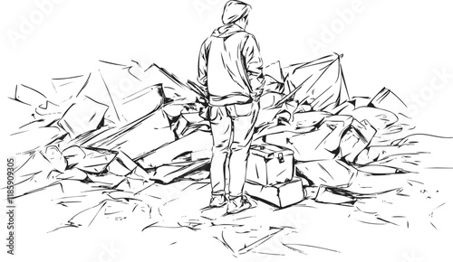Monochrome sketch of a person in a hoodie standing amidst rubble.