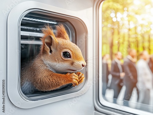 A curious squirrel peeking out of a window. AI.