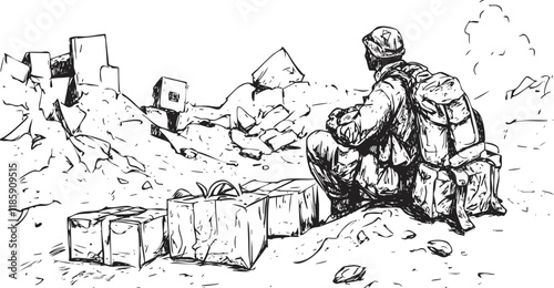 Black and white sketch of a survivor sitting among urban ruins.