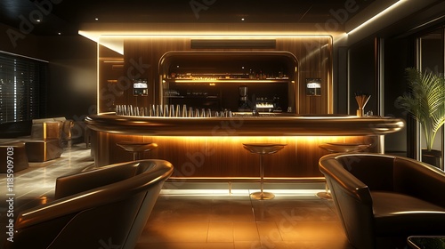 A high-end bar featuring elegant wooden finishes, a polished counter, and leather chairs under warm, subtle lighting for a refined ambiance