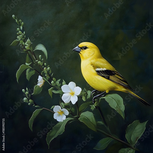 Yellow Plumage Bird with Flowers and Leaves Backdrop photo