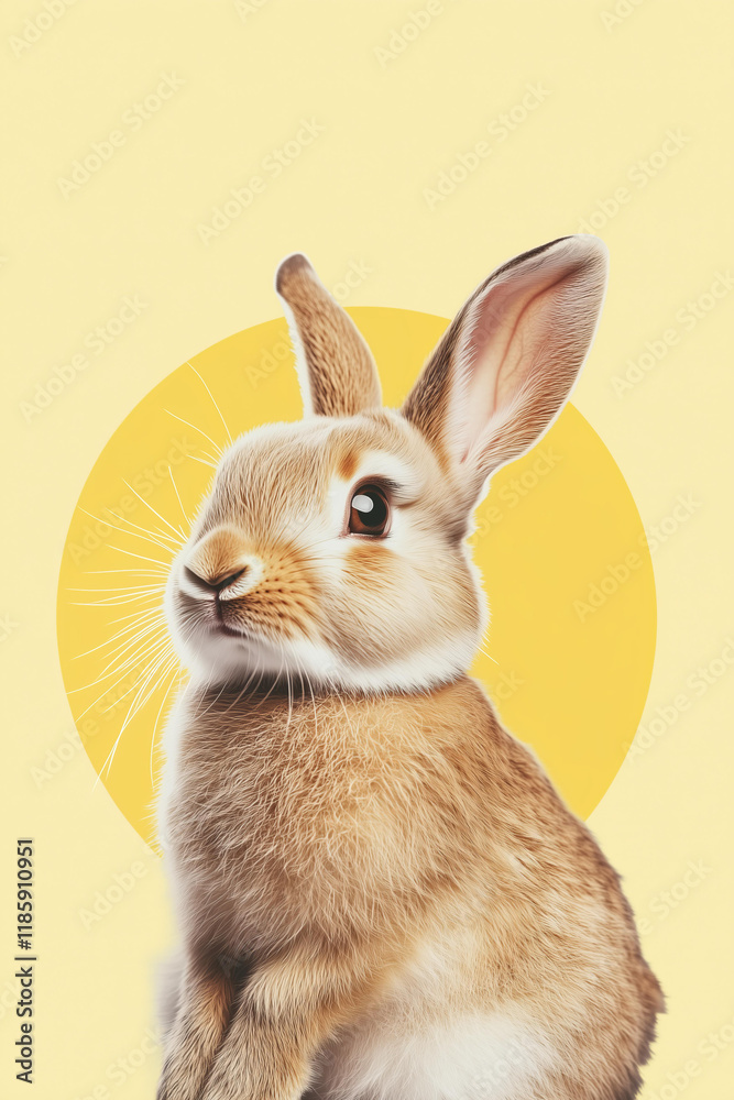 Obraz premium cute brown rabbit sitting in front of a yellow circular background with soft pastel tones. The minimalist design highlights the delicate fur of the rabbit, making it ideal for spring or Easter 