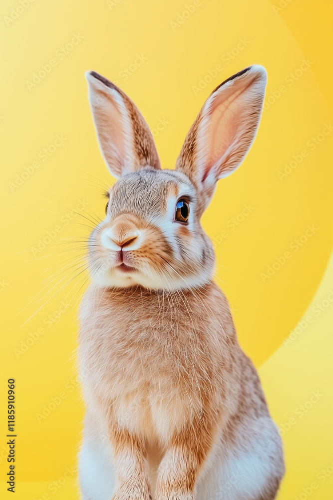 Obraz premium cute brown rabbit sitting in front of a yellow circular background with soft pastel tones. The minimalist design highlights the delicate fur of the rabbit, making it ideal for spring or Easter 