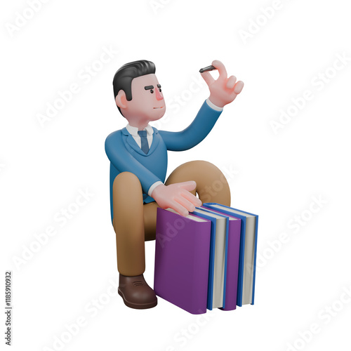 A male tv presenter squats with his right hand touching the book in front of him