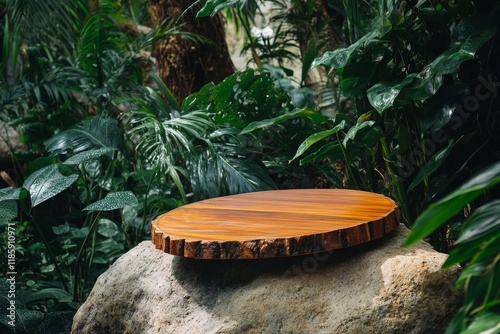 Jungle wood display, rock base, greenery backdrop, product placement photo