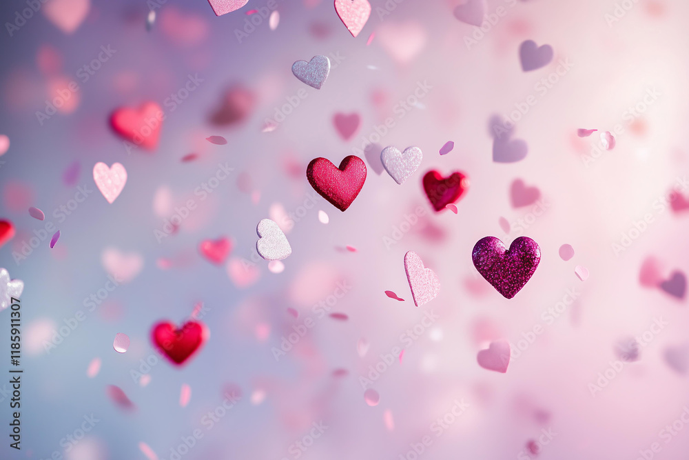 Colorful heart-shaped confetti, some solid and some translucent, are scattered across a soft lilac background with a dynamic, motion-blurred effect. Colorful heart-shaped confetti, some solid and some translucent, are scattered across a soft lilac background with a dynamic, motion-blurred effect.