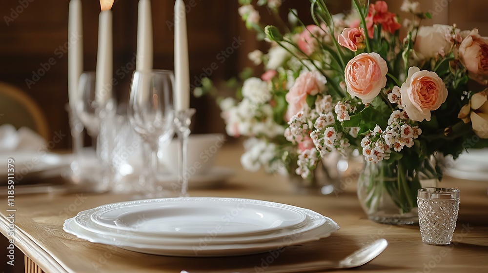 A professionally styled table setting with a white plate, captured in a chic French countryside restaurant with ornate boiserie walls