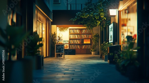 Nighttime Stroll: Tranquil Bookstore Alleyway photo