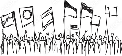 Sketch of a crowd holding flags during a protest or demonstration.