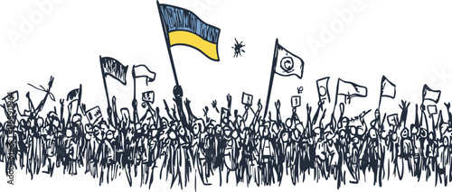 Illustrated crowd of protesters with Ukrainian flag and banners.