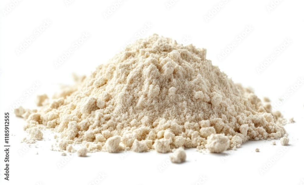 Wheat flour and grains on white, showcasing a pile of flour with an ear of wheat beside it, natural agricultural elements. Bakery ingredient Wheat flour and grains on white, showcasing a pile of flour with an ear of wheat beside it, natural agricultural elements. Bakery ingredient