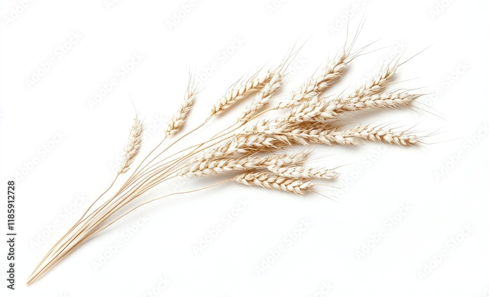 Wheat flour and grains on white, showcasing a pile of flour with an ear of wheat beside it, natural agricultural elements. Bakery ingredient Wheat flour and grains on white, showcasing a pile of flour with an ear of wheat beside it, natural agricultural elements. Bakery ingredient