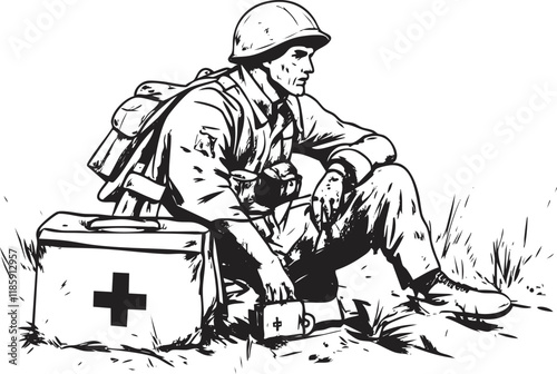 Illustration of a military medic resting with a first aid kit.