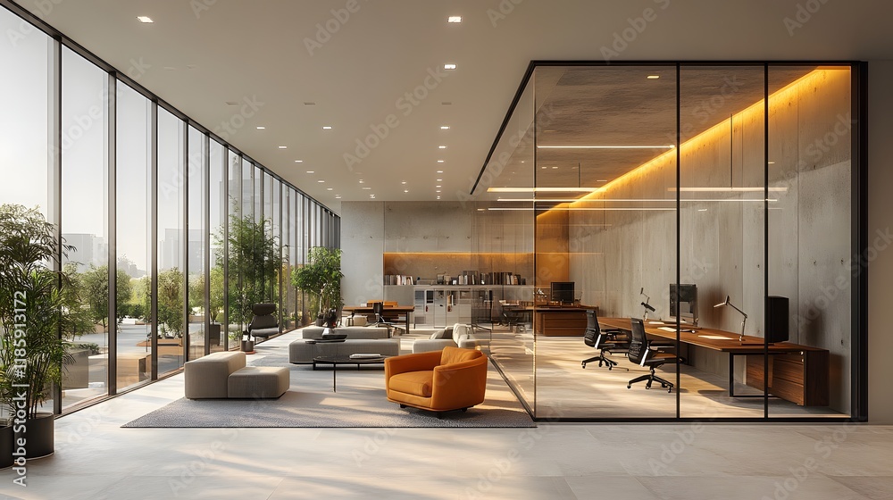 Obraz premium 3D modern office with natural light emphasizing collaborative work areas