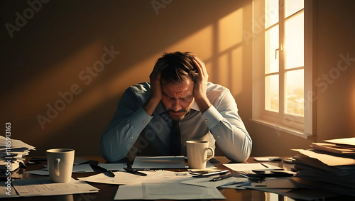 Exhausted Businessman Struggling with Burnout and Late-Night Work Stress  