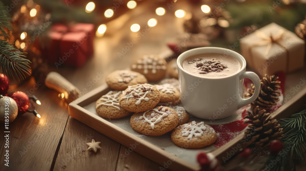 Holiday Cookies and Hot Cocoa With Christmas Decorations Holiday Cookies and Hot Cocoa With Christmas Decorations