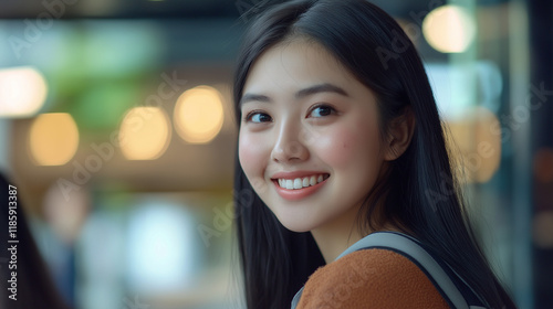 Young Asian woman smiling in evening urban setting. Ideal for urban lifestyle, cultural diversity, and authentic portraiture