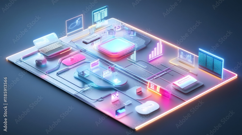 Futuristic digital network, interconnected devices, glowing lines, data flow, technology concept. Futuristic digital network, interconnected devices, glowing lines, data flow, technology concept.