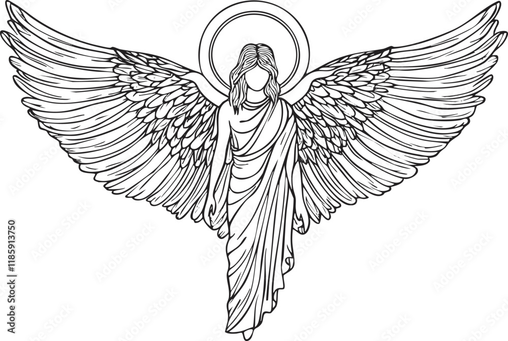 Obraz premium Line art illustration of an angel with wings and halo.