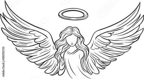 Black and white line art of an angel with wings and a halo.