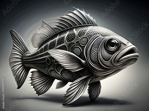 Intricate Black and White Fish, Flowing Details,  Sharp Colors, Deep Mood photo