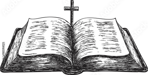 Illustration of an open Bible with a cross on white background.