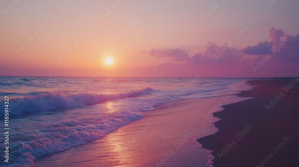 Obraz premium Sunset on a beach with soft waves and pink sky