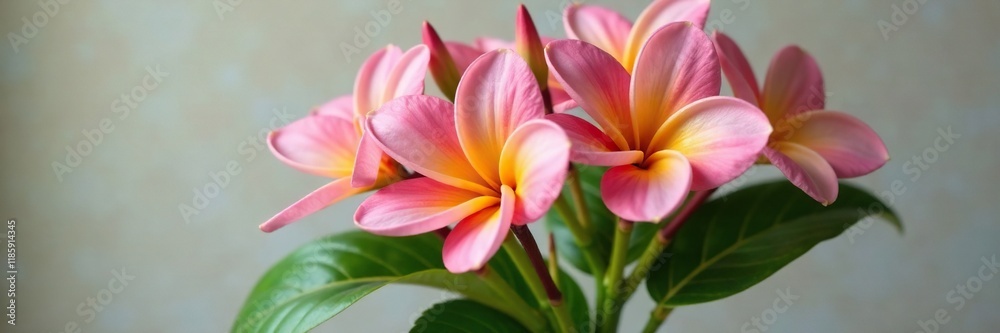Fototapeta premium Plumeria flowers in a vase with lush green leaves and stems, vase, arrangement