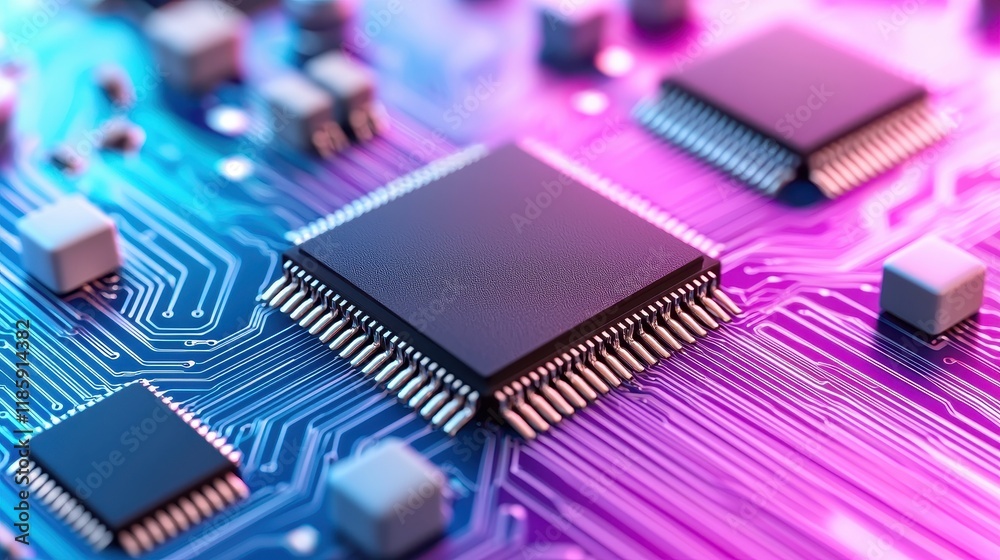 Close up of Microchip Circuit Board Technology Electronic Components Processors Integrated Circuit Close up of Microchip Circuit Board Technology Electronic Components Processors Integrated Circuit