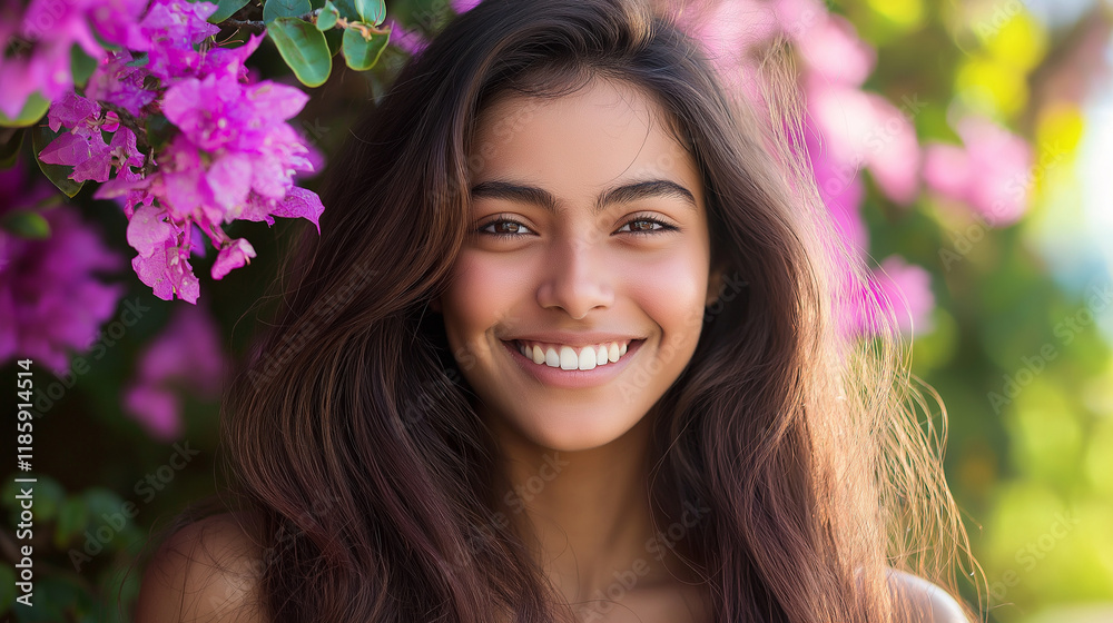 Fototapeta premium Latina woman smiling with vibrant flowers in background. Great for natural beauty, happiness, and authentic lifestyle content
