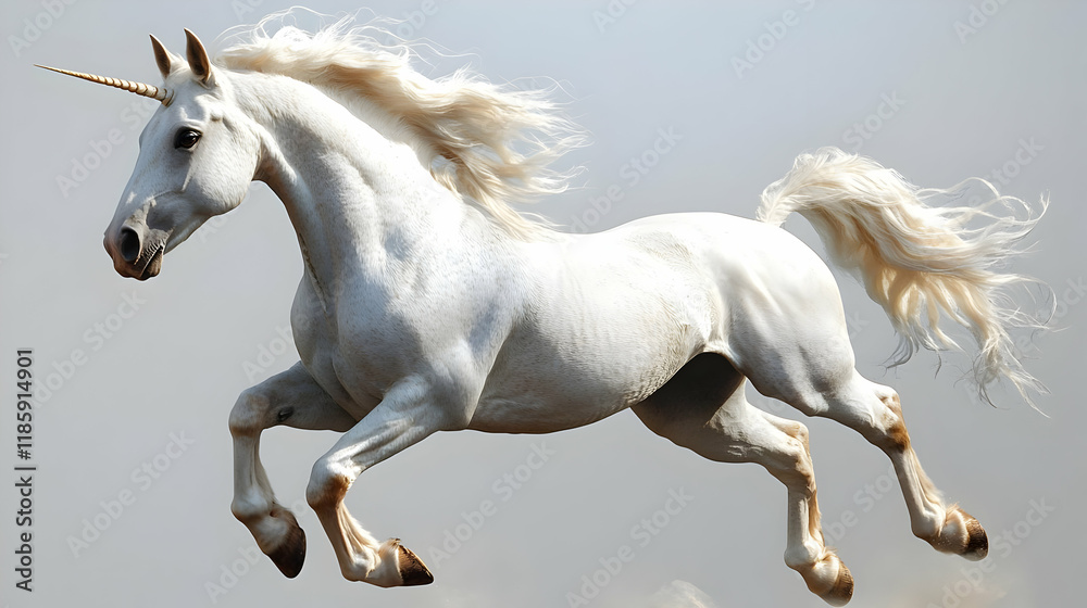 White Unicorn Runs Gracefully: Mythical Creature Leaps in Fantasy World White Unicorn Runs Gracefully: Mythical Creature Leaps in Fantasy World
