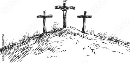Illustration of Jesus crucifixion on Calvary with three crosses.