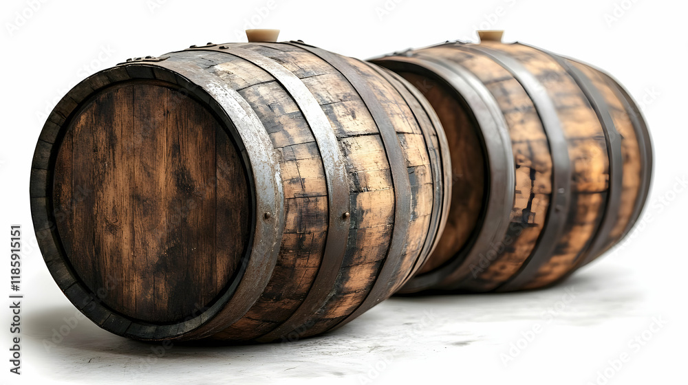 Wooden Barrels Rest on Floor with Metal Bands Securely Fastened Wooden Barrels Rest on Floor with Metal Bands Securely Fastened
