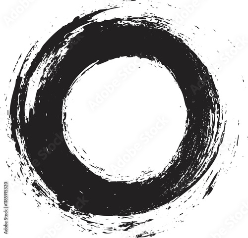 Abstract black Zen circle enso brushstroke on white background.