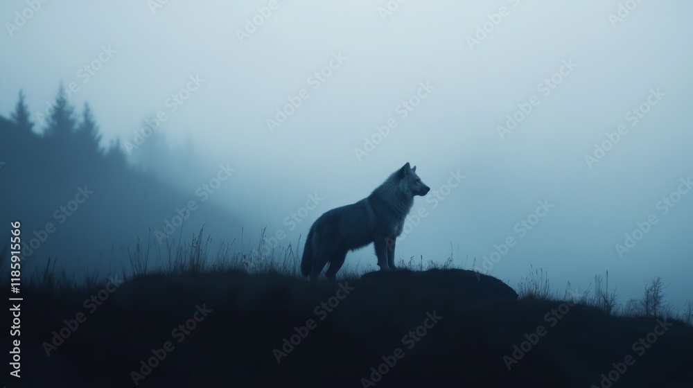 Lone wolf standing on a misty mountain ridge at dawn.