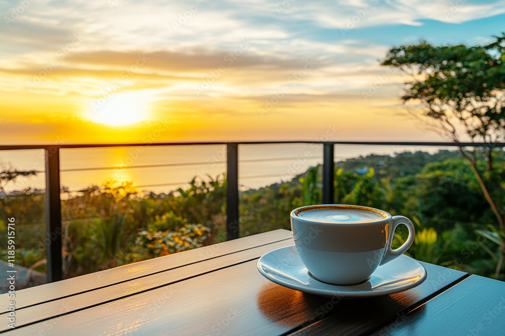 White coffee cup standing on wooden table of balcony with beautiful sunset over mountains
