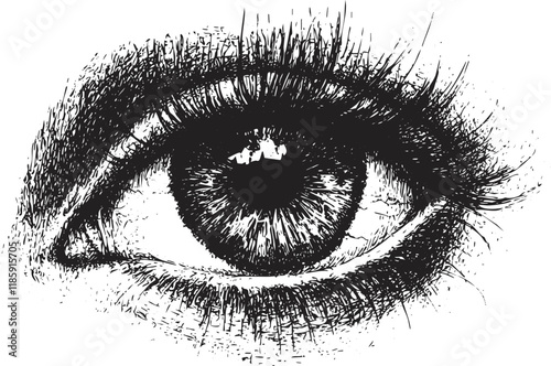 Detailed black and white illustration of a human eye.