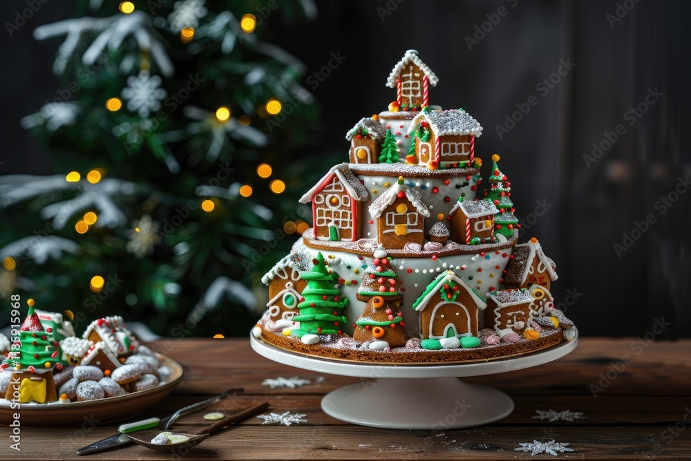Naklejka premium A three tiered Christmas cake made of gingerbread houses and trees.